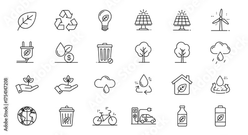 Eco-friendly line icons set with renewable energy symbols, recycling, green technology, sustainable living, nature protection, electric vehicle charging, and environmental conservation concepts