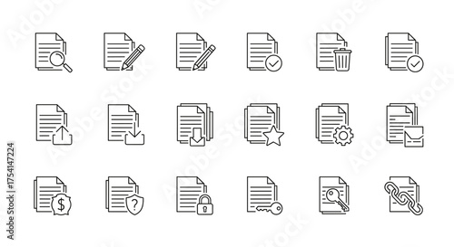 Set of 18 Thin Line Document and File Icons including Edit, Delete, Upload, Download, Star, Settings, Security, Key, Lock, Link, and Mail Symbols for Business and Office Use
