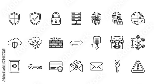 Cybersecurity data protection concept shield lock cloud firewall fingerprint identity encryption virus alert key technology secure access network connection system, email privacy, authentication
