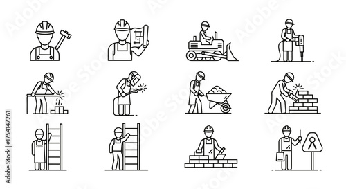 Construction workers and builders in safety gear using tools and equipment for building, welding, masonry, scaffold, blueprint reading, and excavation, industrial labor concept vector icons