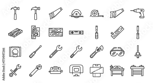 Vector set of construction and woodworking tools icons including hammer, saw, drill, wrench, screwdriver, level, goggles, wood planks, and machinery in outline style