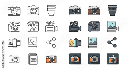 Vector set of professional photography and videography icons, including digital cameras, lenses, film rolls, photo frames, sharing symbols, and retro camera illustrations in color and outline styles
