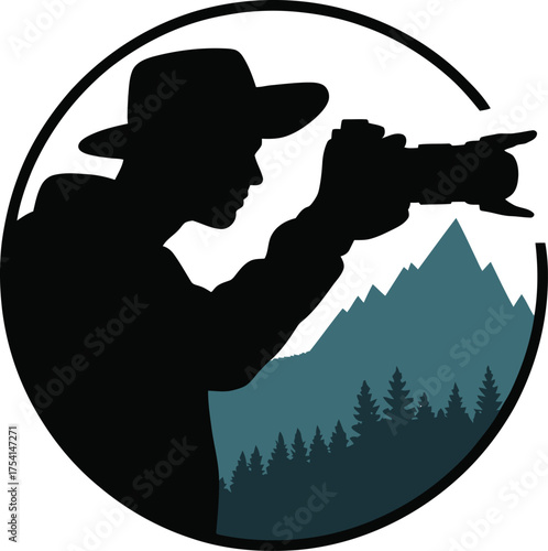 Silhouette of a hiker photographer capturing a majestic mountain forest landscape