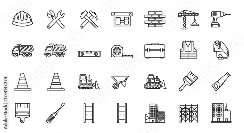 Construction line icon set. Building industry and contractor tools. Heavy equipment, work safety, and architectural elements. Engineering and renovation vector symbols.
