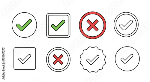 Check mark and cross icon set. Yes no vote. Green tick and red X symbol. Approved and rejected sign button. Right wrong choice for survey. Correct incorrect decision.