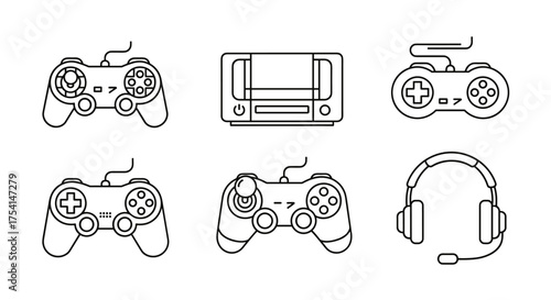 Retro gaming controllers and console line art set, vintage video game joysticks, wired gamepads, classic gaming headset with microphone, electronic entertainment devices vector
