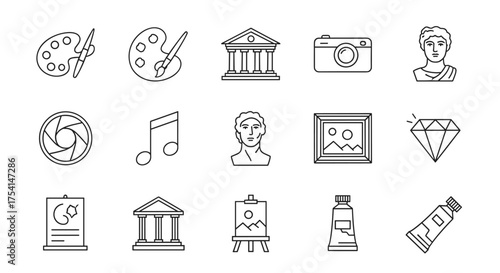 Set of 16 Line Art Icons Related to Art, Culture, Photography, Music, and Creativity Symbols Including Palettes, Columns, Camera, Busts, Pictures, Diamond, and Paint Tubes