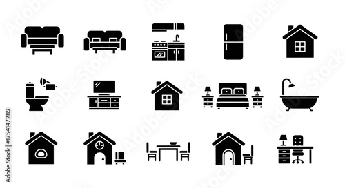 Home and furniture icon set. Simple solid black silhouettes of sofa, loveseat, kitchen, fridge, house, toilet, TV stand, bedroom, bathtub, dog house, dining table, home office desk, living essentials