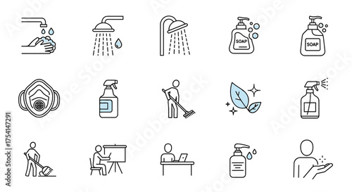 Hygiene and cleanliness icons set. Hand washing, shower, soap dispenser, disinfectant spray, protective mask, eco leaves, cleaning, person mopping and raking, presentation, and computer work.