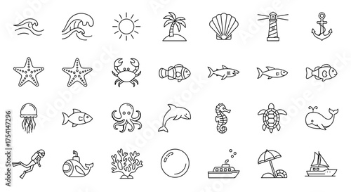 Sea and ocean line icon set. Marine life vector collection with fish, dolphin, whale, crab, turtle. Beach vacation symbols including palm, shell, starfish, wave, sun, anchor, boat.
