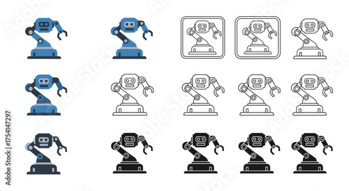 Industrial robotic arm vector icons set, manufacturing automation robot arms in different angles and styles, mechanical assembly, factory machinery, technology automation line art and silhouette