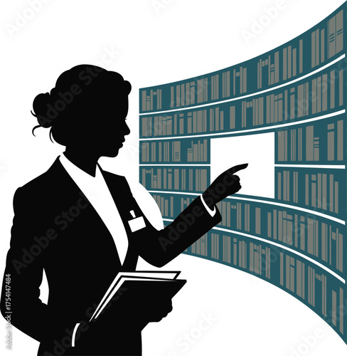 Librarian pointing to a digital bookshelf with books silhouette