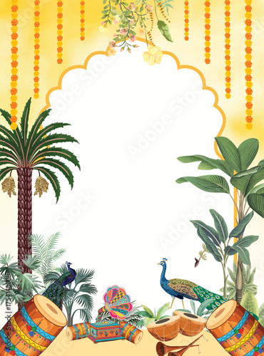 Traditional Indian Wedding invitation card Design, Holud Invitation, Weddin, Haldi Night, Peacock, Music.