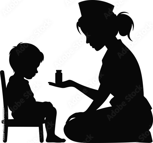 Caring nurse administering medicine to a child in silhouette style