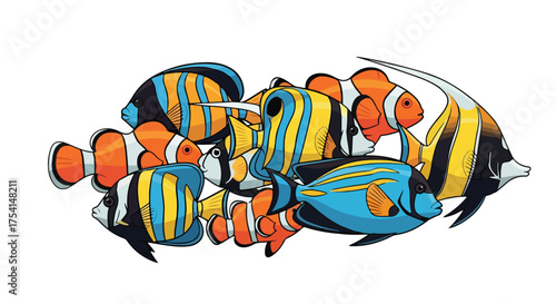 An artistic rendering showcasing diverse coral reef fish species in vibrant cartoon illustrations grouped closely together on a white canvas