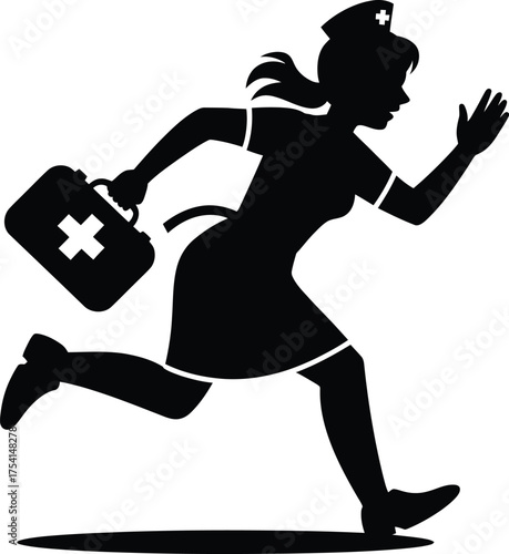 Silhouette of a nurse running to provide emergency medical help