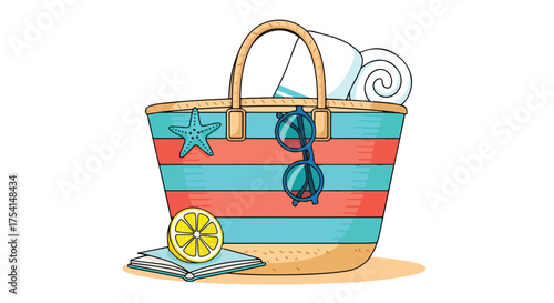 Summer getaway essentials: A charming depiction of beach life with bag, book and citrus slice offering a promise of sun-drenched days ahead