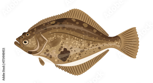 Detailed illustration of a brown spotted flounder, showcasing its unique anatomy and distinct coloring against a plain background