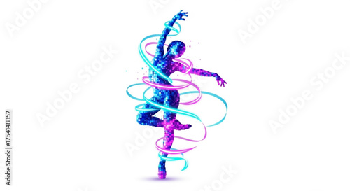 Digital art of abstract dancer with flowing ribbons for dance studio or artistic presentation use case design