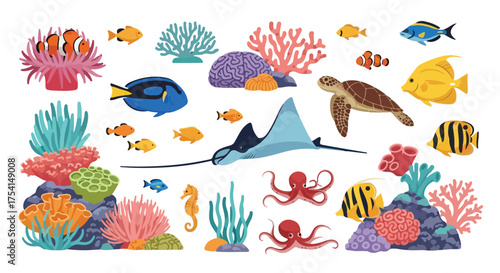 Vibrant Coral Reef Ecosystem Illustration Featuring Diverse Marine Life in a Cartoon Style, Perfect for Children