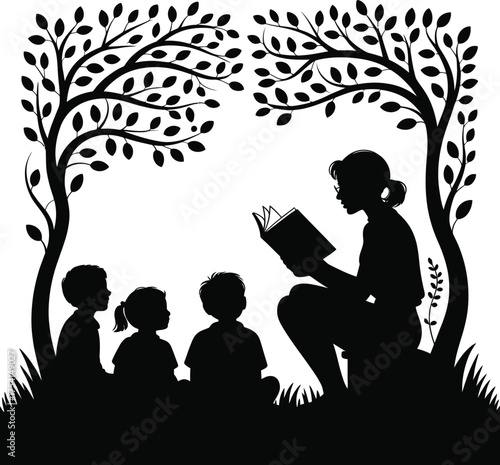 Children enjoying a story under a large tree silhouette