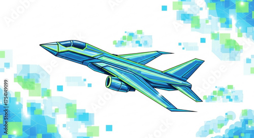 Blue and green futuristic fighter jet airplane vector illustration clip art design graphic image asset