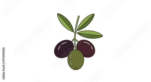 Stylized olive branch with varied fruit coloring, representing freshness and natural produce  in a simple illustrative style