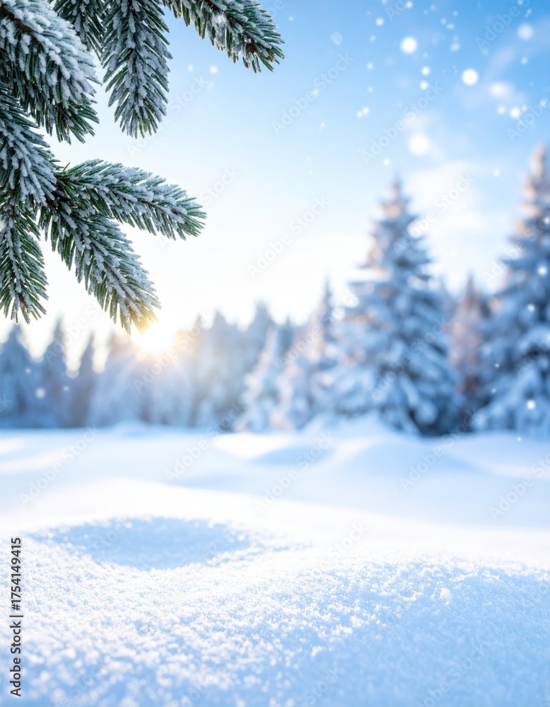 Fototapeta premium White pine trees in a snowy winter forest landscape under a blue sky, perfect for a Christmas scene