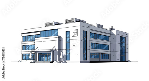 Architectural portrayal modern office building featuring clean lines with expansive windows and geometric block layout design concept