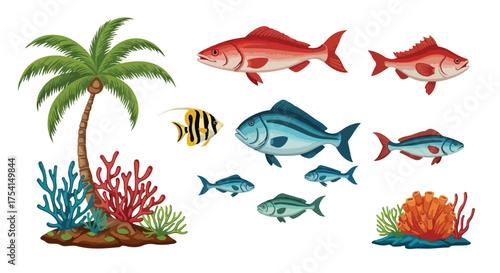 Tropical aquatic life illustration featuring colorful fishes, palm tree and vibrant coral reef in a cheerful composition