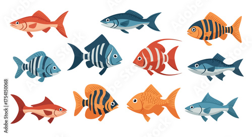 Whimsical aquatic fauna featuring an array of diverse and vibrant cartoon fish species on a bright background representing oceanic life