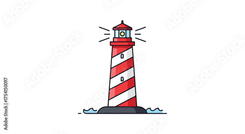 Minimalist lighthouse vector design with red and white stripes on a rocky outcrop guiding ships at sea safely through darkness