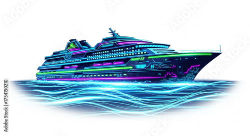 Luxury cruise ship neon lights ocean waves travel tourism vacation sea voyage maritime transport liner vessel
