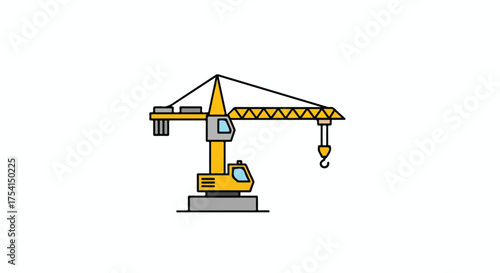 Yellow Construction Crane Icon on White Background, Minimalist Building Equipment Illustration, Isolated Graphic for Industrial Use