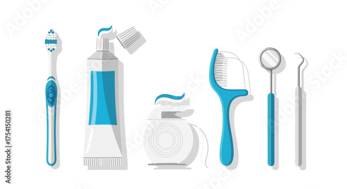 Dental hygiene essentials: Cartoon illustration of toothbrush, toothpaste, floss, dental pick, and mirror promoting oral health and cleanliness