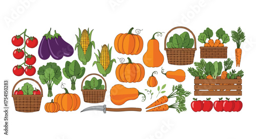 Harvest bounty illustration showcasing a diverse range of fresh vegetables and fruits in rustic containers