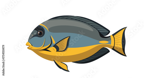 Stylized illustration of a grey and yellow tang fish swimming gracefully in clear ocean waters, showcasing vibrant marine life in an aesthetically