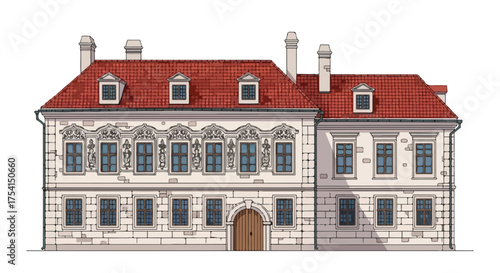 Detailed architectural illustration of a historic building featuring intricate stonework and a red tiled roof rendered in a classic style