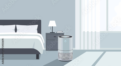 Air Purifier Enhancing Sleep Quality In Bedroom Clean Air Concept