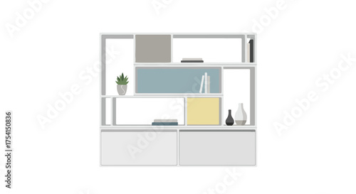Stylized interior illustration depicting a modern bookshelf with decorative objects and books inside a white backdrop
