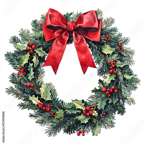 Classic Watercolor Christmas Wreath with Red Bow and Berries
