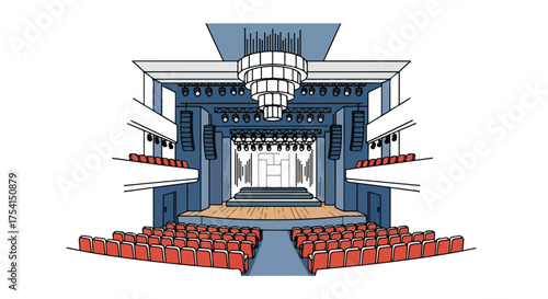 Stylized illustration of a grand theatre interior with ornate chandelier and plush seating ready for the audience anticipation