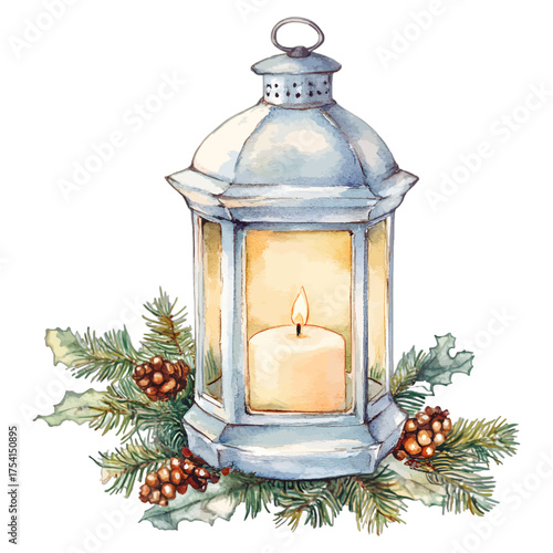 Cozy Watercolor Christmas Lantern with Candle and Pine Branches
