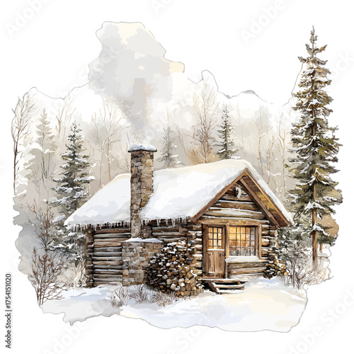 Cozy Watercolor Log Cabin in Winter: Rustic Snowy Forest Illustration
