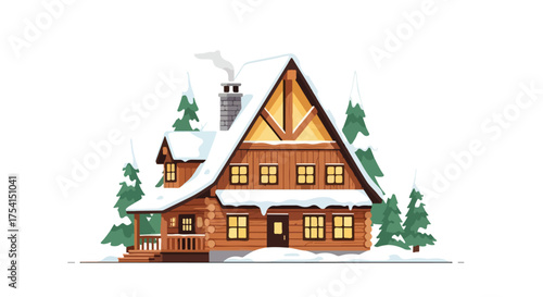 Cozy winter retreat a charming log cabin nestled amongst snow-laden pine trees on a crisp clear day offering warmth and tranquility