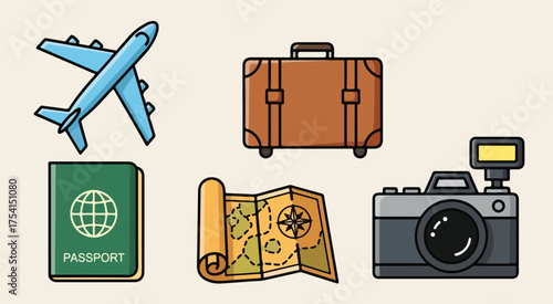 Travel essentials vector illustration: airplane, suitcase, passport, map and camera for vacation plan
