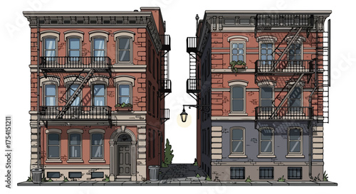 Illustrated brick buildings with fire escapes flank a narrow street illuminated by a vintage streetlight in a detailed urban scene