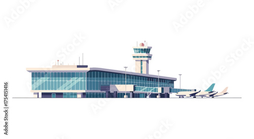 Modern aviation terminal with control tower, airport building and planes on the runway on a bright day vector graphic illustration