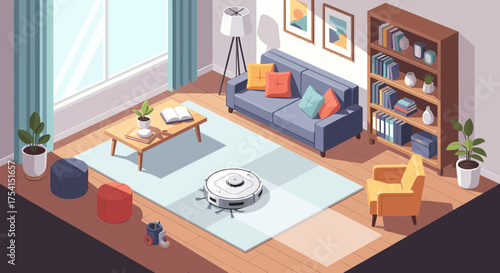 Isometric View Of A Living Room Cleaned By An Autonomous Vacuum