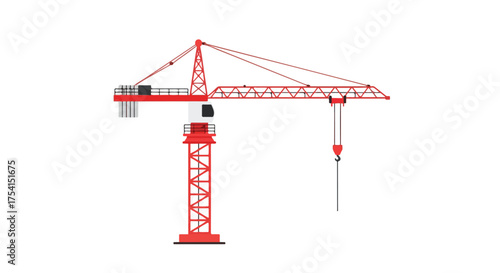 Graphical representation of a red tower crane for lifting construction materials,isolated depiction of construction machinery for architectural